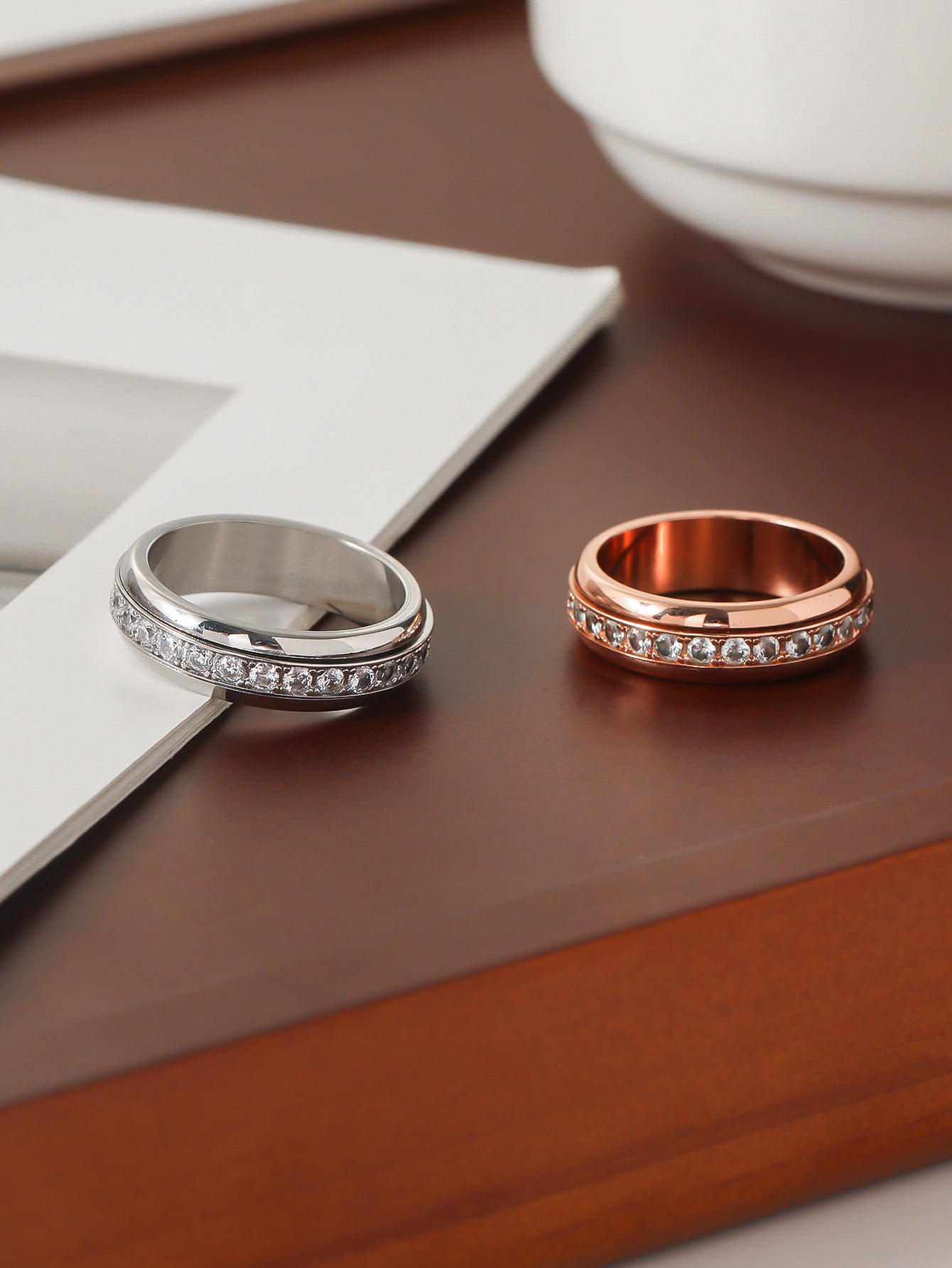 Moissanite Spinner Fidget Ring(White&Rose Gold finish) flat lay display