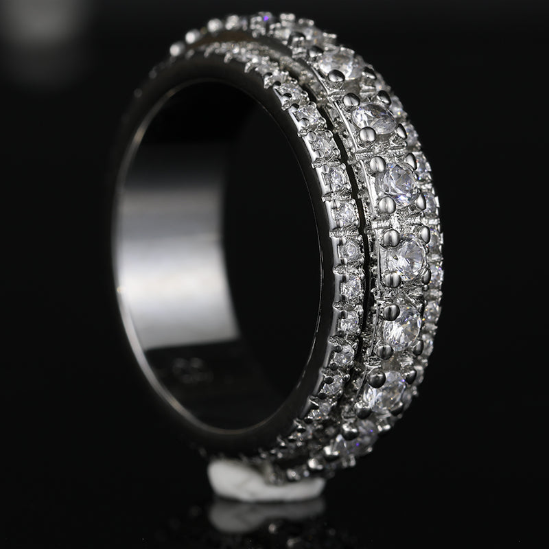Right side of this Iced Out 3-Row Spinner Ring WG