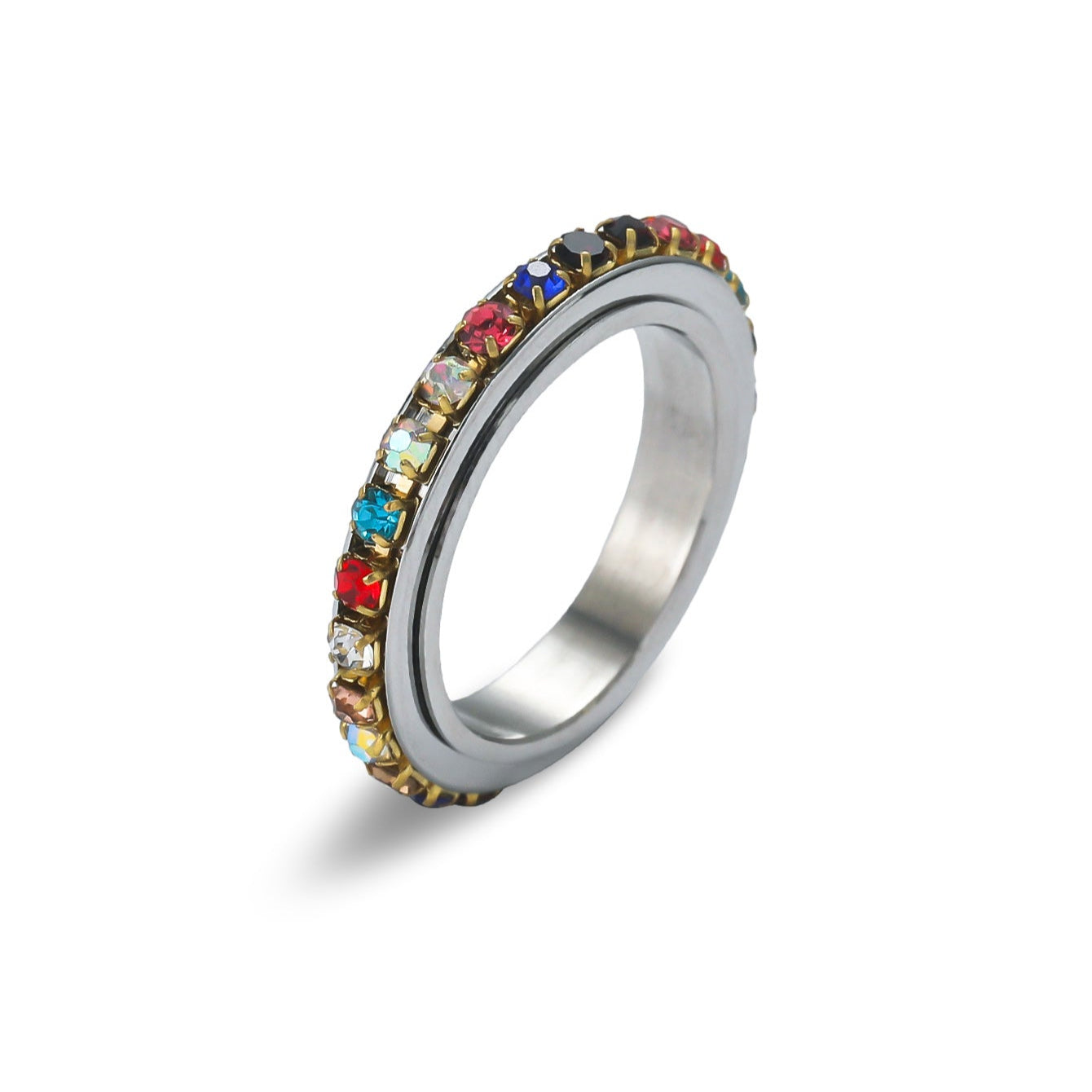7 Chakra/Rainbow Spinner Fidget Ring on white background - Calmfor anxiety relief ring for women