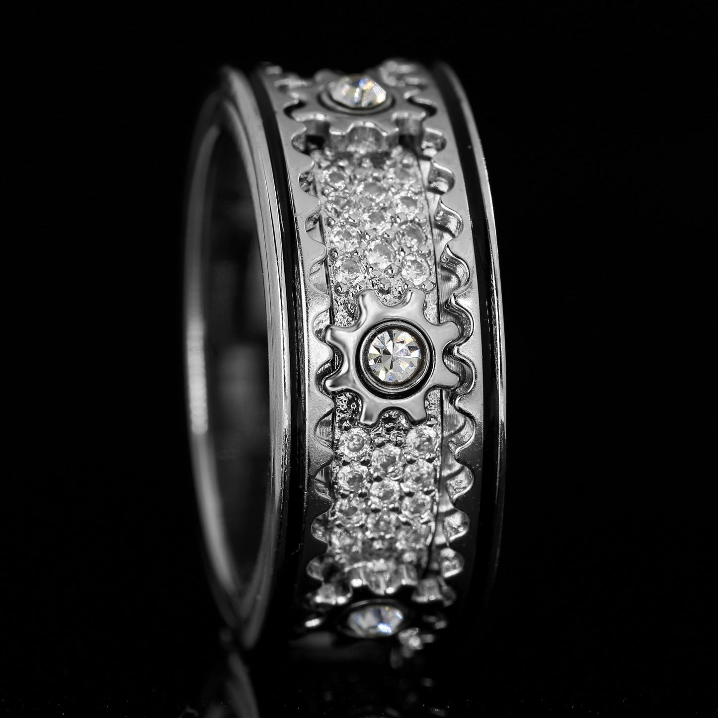 Face up to Cogwheel Black Line Spinner Fidget Ring, shows the precision of engineering aesthetics