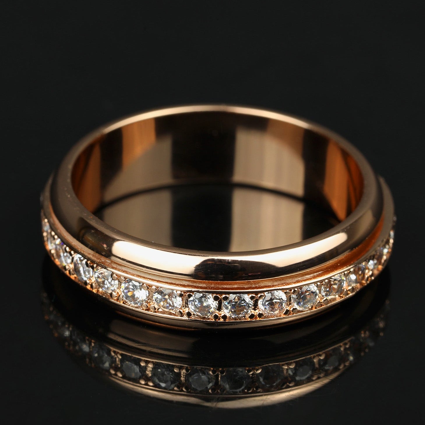 Flat lay of Moissanite Spinner Fidget Ring(Rose Gold finish)