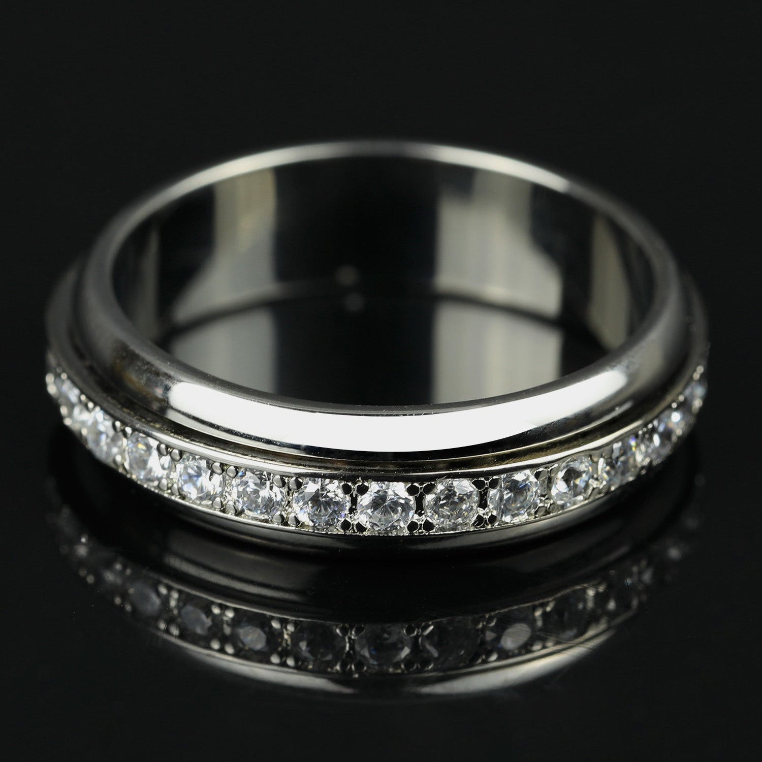 Flat lay of Moissanite Spinner Fidget Ring(White Gold finish)