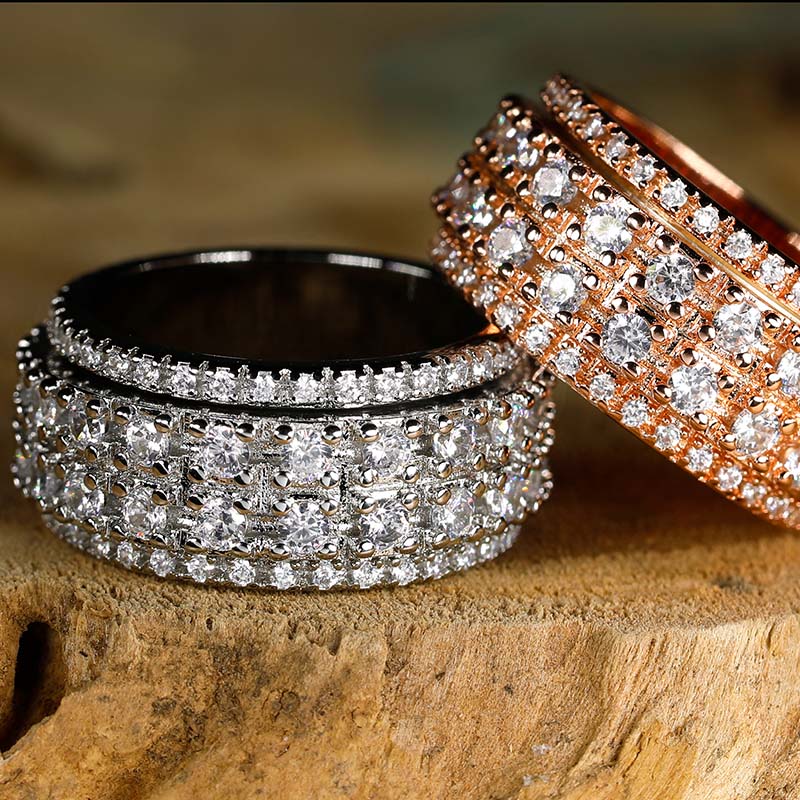 Flat view of Iced Out 4-Row Spinner Ring WG & RG