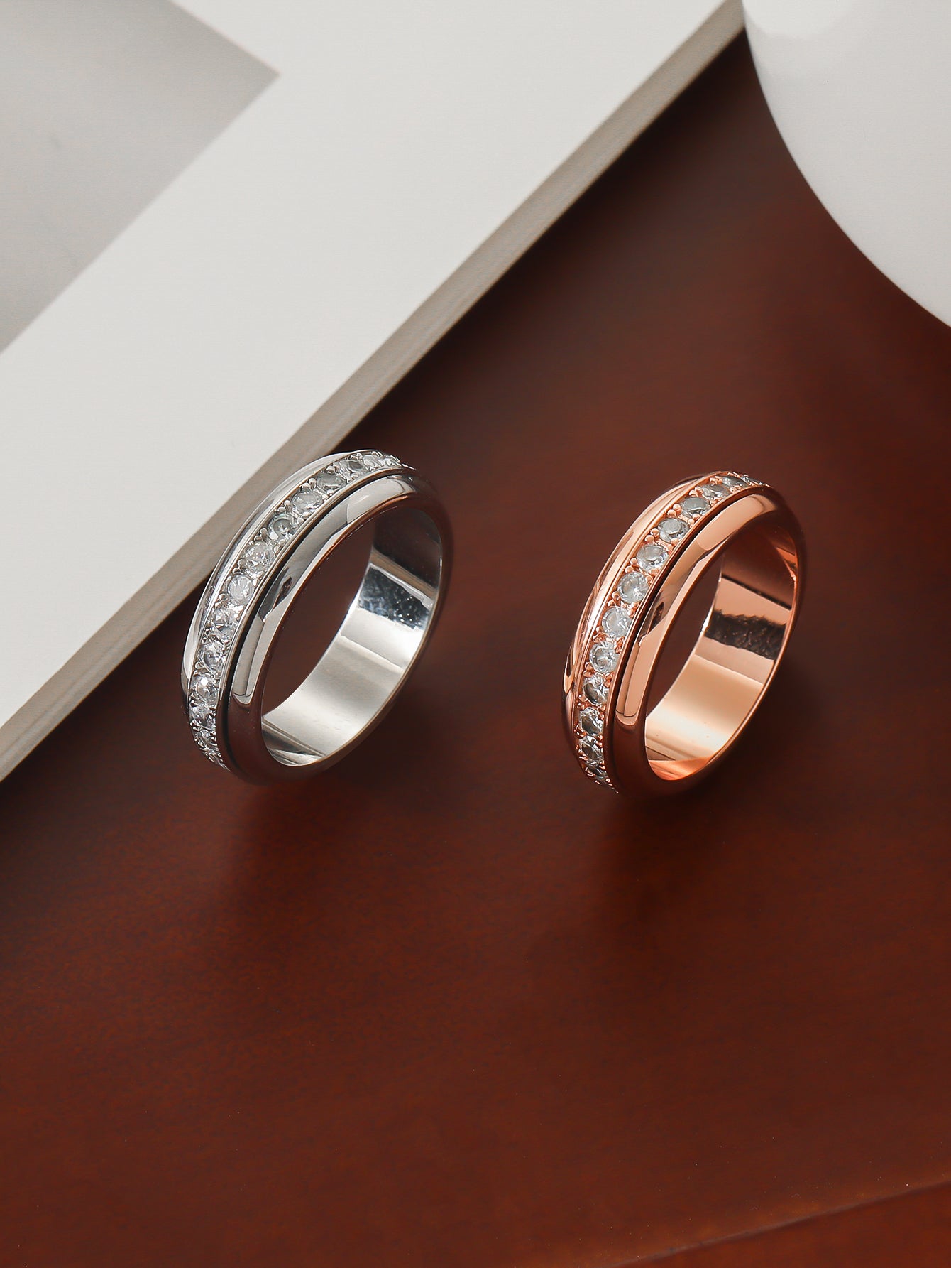 Moissanite Spinner Fidget Ring(White&Rose Gold finish) display