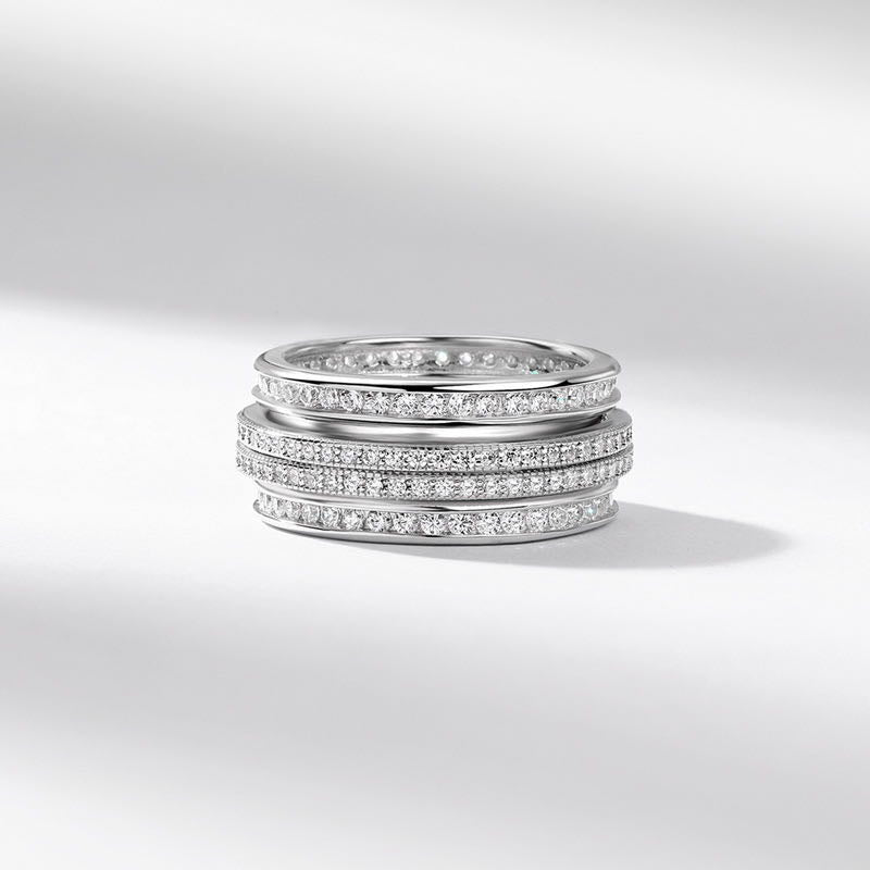 flat view of this iced out double spinner ring