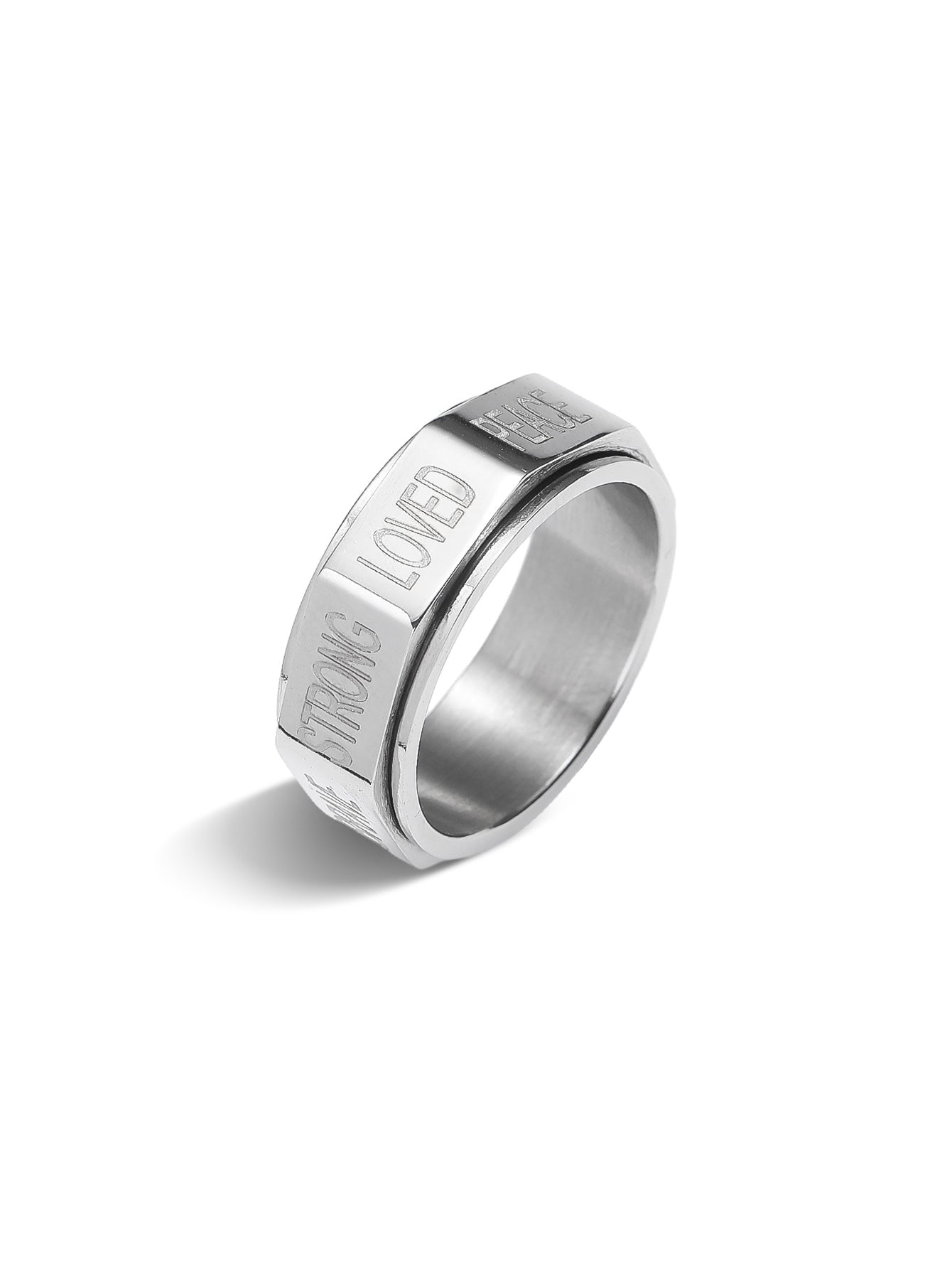 this silver positive words spinner ring in the white background